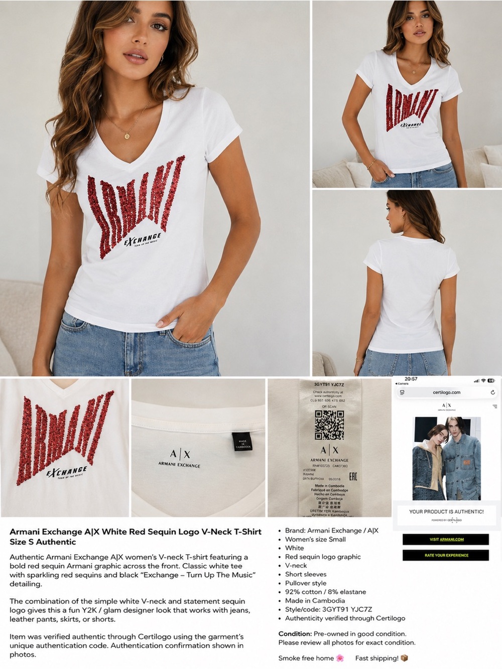Armani Exchange A|X White Red Sequin Logo V-Neck T-Shirt Size S Authentic